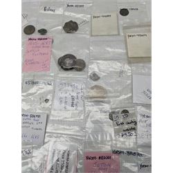 Metal detecting finds, including Elizabeth I hammered silver sixpence, Charles I Scottish silver twenty pence, various post medieval, milled coinage etc, mostly identified or registered by York Museum with correspondence numbers