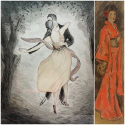 G Chauveau (French Early 20th century): Ballroom Dancers, etching and aquatint signed in pencil; English School (Early 20th century): Girl in Kimono, watercolour and pastel unsigned max 44cm x 32cm (2)
