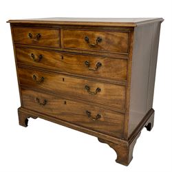 Georgian mahogany chest, moulded rectangular top over two short and three long cock-beaded drawers, each with circular brass handles plates and swan neck handles, on bracket feet