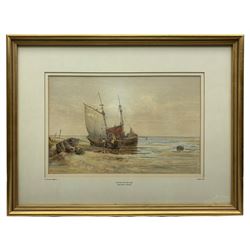 Edmund (Cleavesmith) Cleave Smith (British 1853-1900): 'Waiting for the Tide Pwllheli North Wales' with Caernarfon Fishing Boats, watercolour signed and indistinctly dated, titled on the mount 21cm x 32cm
