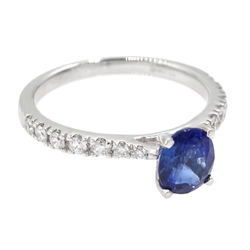 18ct white gold oval Ceylon sapphire ring, with diamond set shoulders, hallmarked, sapphire approx 0.90 carat