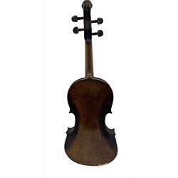 German violin with lion carved scroll, length of back 36cm with bow in case