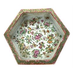 19th century Canton hexagonal stand or shallow dish decorated with birds and flowers within a gilt and floral border W29cm