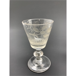 Set of three19th century wine glasses, the bucket shaped bowls engraved with the initials M.W within a laurel leaf garland on knopped stems, a matching wine glass having a rose engraved bowl and the same initials, H10.5cm together with a set of five 19th century style wine glasses (9)