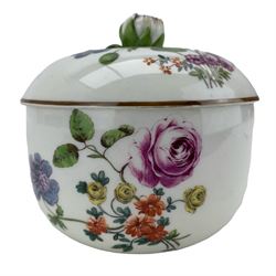 18th century Meissen sugar bowl and cover, with flower knop finial and painted throughout with botanical studies, blue crossed swords mark beneath, D11cm. Provenance: From the Estate of the late Dowager Lady St Oswald