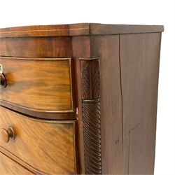 Victorian mahogany bowfront chest, fitted with two short over three long graduating cock-beaded drawers with bone escutcheons, flanked by spiral turned quarter canted pilasters with acanthus capitals, on compressed bun feet