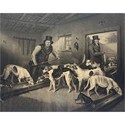 William Ward (British 1766-1826) after Henry Barnard Chalon (British 1771-1849): 'The Raby Pack' - The Earl of Darlington's Foxhounds in their Kennels, mezzotint pub.1814, 48cm x 60cm
Notes: this is a rare and early proof with the title and names of the hounds hand-written in pencil