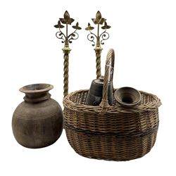 Pair of brass candlesticks, wicker basket, wooden vase etc 