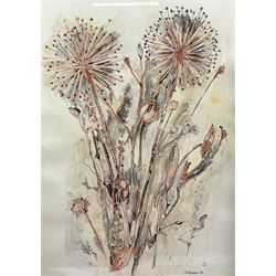 Winifred Pickard (British 1908-1996): 'Magnolia,' limited edition colour print signed titled and numbered 41/75 in pencil; Julie Barham (British Contemporary): Dandelions and Thistles, watercolour and ink signed and dated '89; Neil Lewty (British Contemporary): Still Life of Plant Pots, charcoal signed max 56cm x 40cm (3)