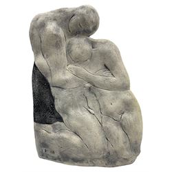 Jenny Rivron (British 1946-) Stoneware slab built sculpture of two lovers embracing 'Stay in the Warm Awhile' signed and titled on the base H31cm