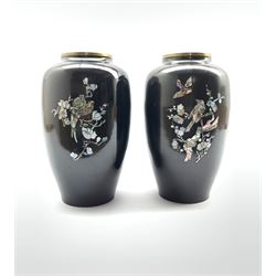 Pair of oriental black lacquer and mother-of-pearl inlaid vases stand, H27cm