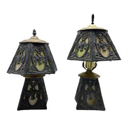 Pair of early 20th century slag glass table lamps, with pierced hexagonal shades and tapering square bases, one having an alternate fitting, H39cm max