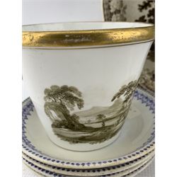 Early 19th century cache pot, probably Coalport, with fixed gilt ring handles and rim, painted en grisaille with two mountainous landscapes H10cm,  Miles Mason bat printed teapot stand, 19th century Mocha Pearlware saucer, together with a set of five Victorian Davenport saucers from the 'Great George Street Chapel, Liverpool 1863' and a brown transfer printed cake stand D30cm (9)
