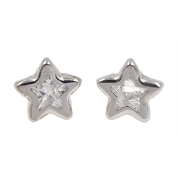 Pair of white gold cubic zirconia star stud earrings, stamped 9K