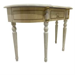 Italian classical style marble effect console table, D-shaped top over single central drawer flanked by two curved cupboards, raised on fluted and turned tapering supports 