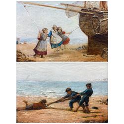 English School (Mid 19th century): Sailor Boys Playing Tug-of-War on the Beach and Girls Swinging, pair oils on panel unsigned, housed in matching gilt frames with foliate and grapevine motifs 9cm x 13cm (2)