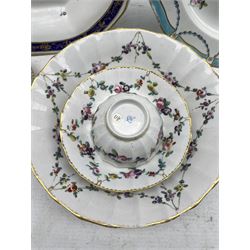 Late 18th century Derby items including shaped oval shallow dish with sprays of flowers within a blue and gilt border pattern, puce mark L22cm, tea cup and saucer with a hatched border, tea bowl decorated with floral sprays , floral decorated plate with harebell border D22cm, circular shallow bowl D19cm and two cups