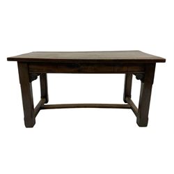 Oak refectory table, the rectangular plank top, raised on square supports, united by stretchers 