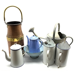 Brass and copper churn shape container with swing handle H41cm, two French enamel wall hung water pourers, three other enamel items and a galvanised watering can