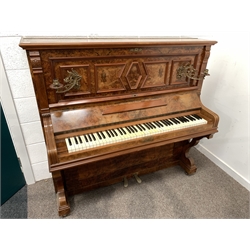 19th century figured walnut Baderbein upright piano,  with decorative floral brass sconces, iron framed and overstrung, W150cm
