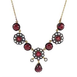 Gold and silver cabochon and square cut garnet, seed pearl and diamond necklace