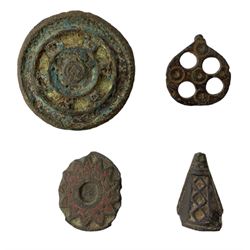 Roman British - collection of head-stud, trumpet, knee and dolphin brooches and fragments, with two bracelet fragments and disk brooch with red enamel, and mount with enamel remnants, all circa 100 BC -200 AD, razor head resembling Bronze Age razor; Saxon pin head and pin and three Iron Age strap and harness fittings 