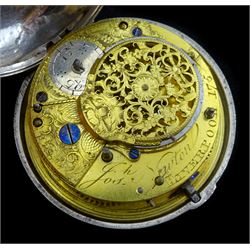 George III silver pair cased verge fusee pocket watch by Thomas Woodward, London, No. 517, white enamel dial with Roman numerals and subsidereary seconds dial one other by Joseph Newton, Liverpool, No. 175, both with bulls eye glasses