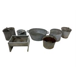 Collection antique galvanised metal tubs and containers of varying sizes including a trough