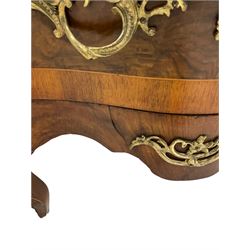 French style walnut and serpentine bombe chest, fitted with two drawers, raised on cabriole supports with gilt metal mounts W67cm, H81cm, D45cm 