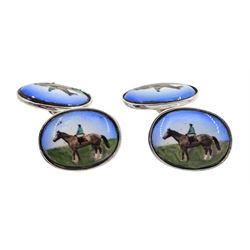 Pair of silver enamel horse cufflinks, stamped 925 and one other pair of gilt cufflinks