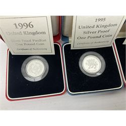 Six The Royal Mint United Kingdom silver proof one pound coins, comprising 1992, 1994 piedfort, 1995, 1995 piedfort, 1996 and 1999, all cased with certificates
