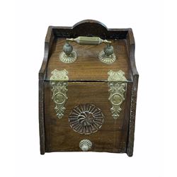 Victorian oak and brass mounted coal scuttle with Queen Victoria embossed strapwork hinges, H31cm 