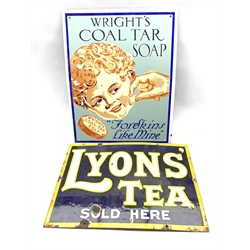 'Lyons' Tea Sold Here' single sided enamel sign 30cm x 46cm and a modern sign 'Wrights Coal Tar Soap'