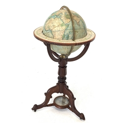  12inch Terrestrial library globe on mahogany tripod stand labelled 'Joslin's Terrestrial Globe' H91cm   
