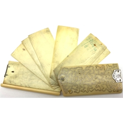 Early 19th Century ivory aide memoire with wrigglework decoration and six swivelling leaves with engraved clasp 9cm x 4.5cm