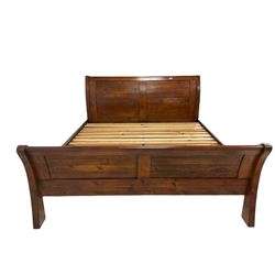 Large 6' Super Kingsize stained pine sleigh bedstead 