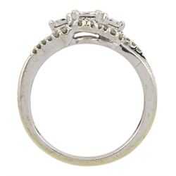 9ct white gold three stone round brilliant cut diamond ring, with pierced diamond set gallery, hallmarked, total diamond weight 0.25 carat