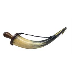 Early 19th century powder horn, the brass nozzle engraved 'W.D. and with Admiralty arrow and wooden end cap length approx. 35cm.  See 'Nelson's Navy' by Lavery page 177 illustrating a similar powder horn used on Nelson's ships.    Formerly the property of Sir Robert Craven 