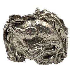 Modern solid silver model of a coiled Dragon, Netsuke style, hallmarked Jon Braganza, London 2015, L4cm x H3cm 