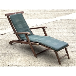 Folding teak garden steamer armchair with seat cushion, W61cm