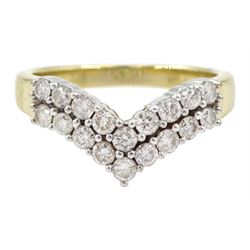 9ct gold two row round brilliant cut diamond wishbone ring, London 2012, total diamond weight 0.51 carat