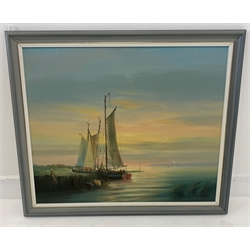 F Saiger (20th century): Boats in Calm Waters, oil on canvas signed 50cm x 60cm