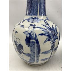 Pair of Chinese Qing dynasty blue and white bottle vases, the globular body decorated with 'Long Eliza and the Playing Boys' in four panels and pointed leaf tips to the necks, bearing Kangxi Nian Zhi character mark beneath, H36cm 