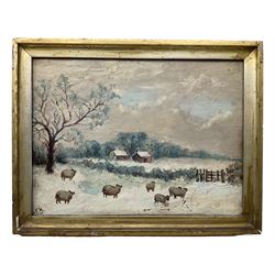 English Naive School (19th/20th century): Sheep in a Snowy Landscape, oil on board signed FH 22cm x 30cm