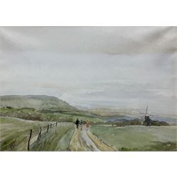English School (20th century): Figures walking in a Landscape with Windmill, watercolour signed with initials CET 26cm x 37cm