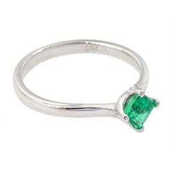 18ct white gold single stone square cut emerald ring, stamped 750, emerald approx 0.30 carat