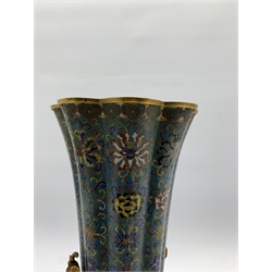 Chinese cloisonne vase, 18th Century, of lobed circular form, decorated with an all over floral design on a turquoise ground beneath a flared rim and with gilt bronze key pattern supports and gilded interior H30cm adapted for use as a table lamp and on a later marble base 
