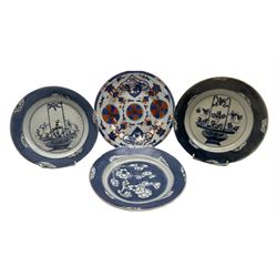 Three 19th century Chinese Provincial porcelain plates, decorated in underglaze blue with flowers, together with a 18th century Chinese Imari decorated plate D22cm (4)