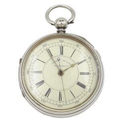Victorian silver centre seconds key wound chronograph pocket watch by J.Harris & Sons London and Manchester, No. 169668, white enamel dial with Roman numerals, outer seconds track numbered 25-300, case by Joshua Horton & Son, Chester 1890
