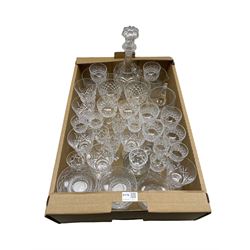 Pair of 19th century wine rinsers with half fluted bodies, pair of Webb goblets, decanter and other cut glass in one box